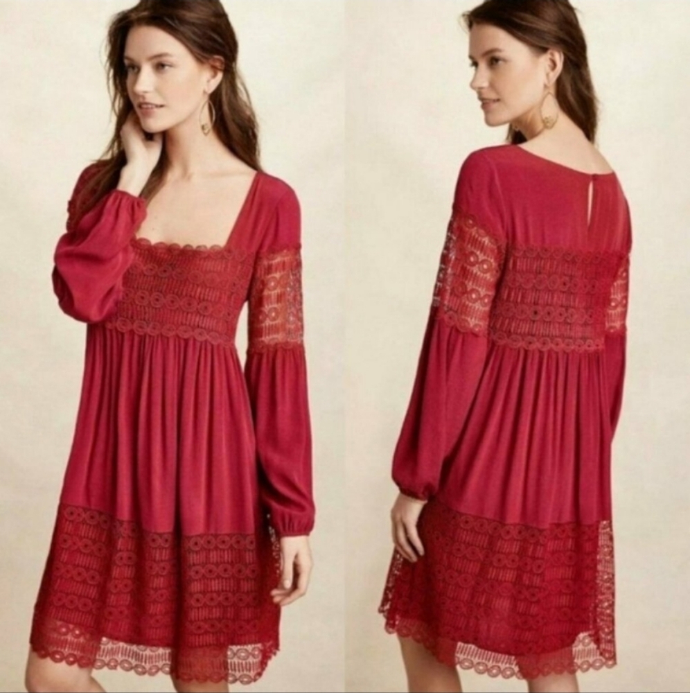 Anthropologie Floreat Aveline Wine Dress Crochet Eyelet Peasant Boho